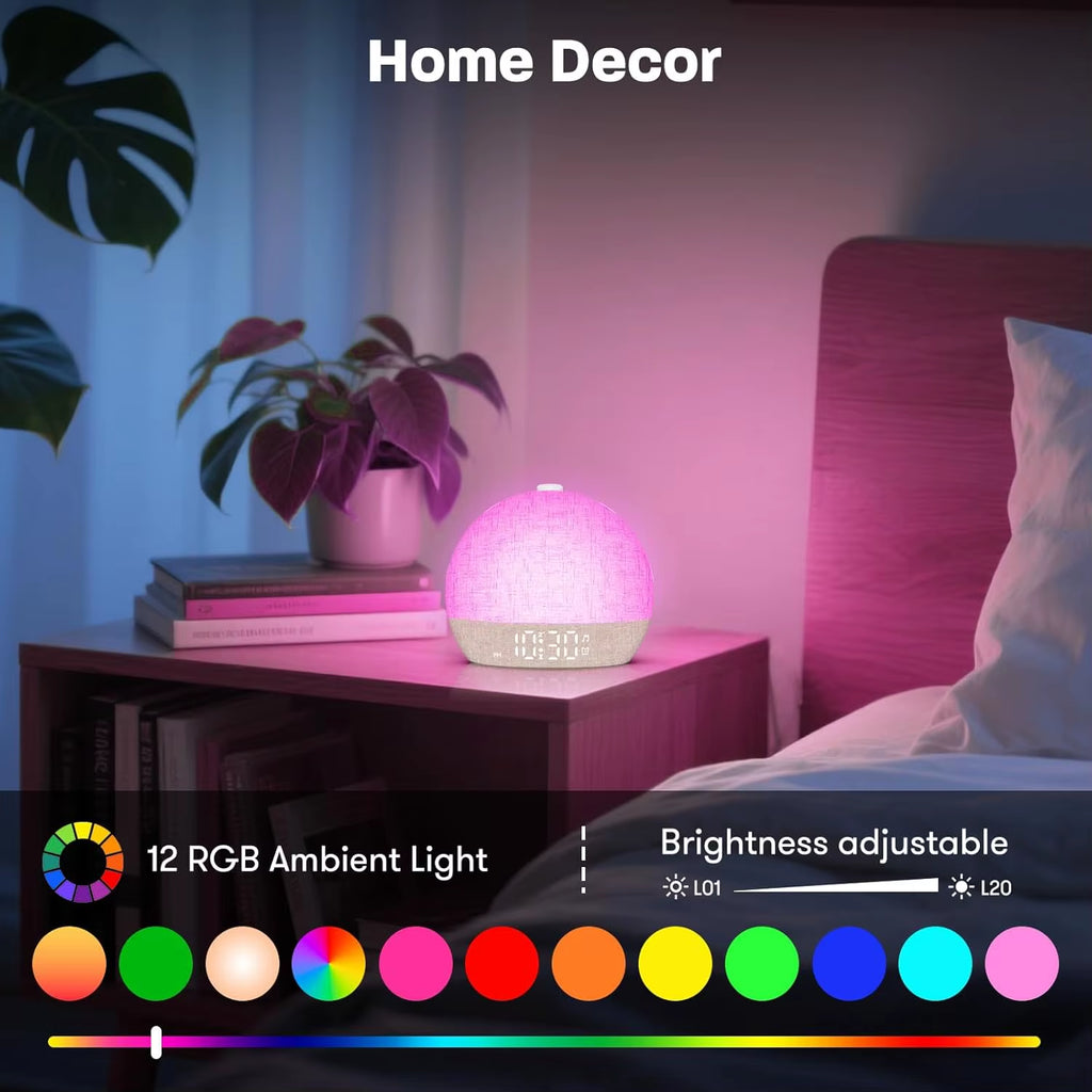 Sunrise Alarm Clock with White Noise Sound Machine, Dimmable RGB Night Lights, and Snooze Function - Perfect Sleep Aid and Gift Option
