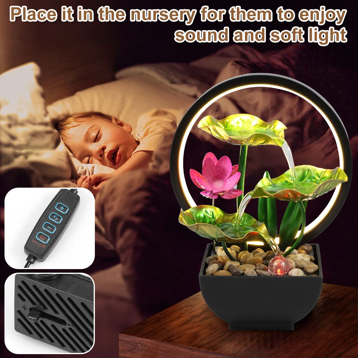 Tabletop Water Fountain USB Powered Relaxation Desktop Waterfall Fountain with Natural Rocks and LED Ring Lights for Home Decor