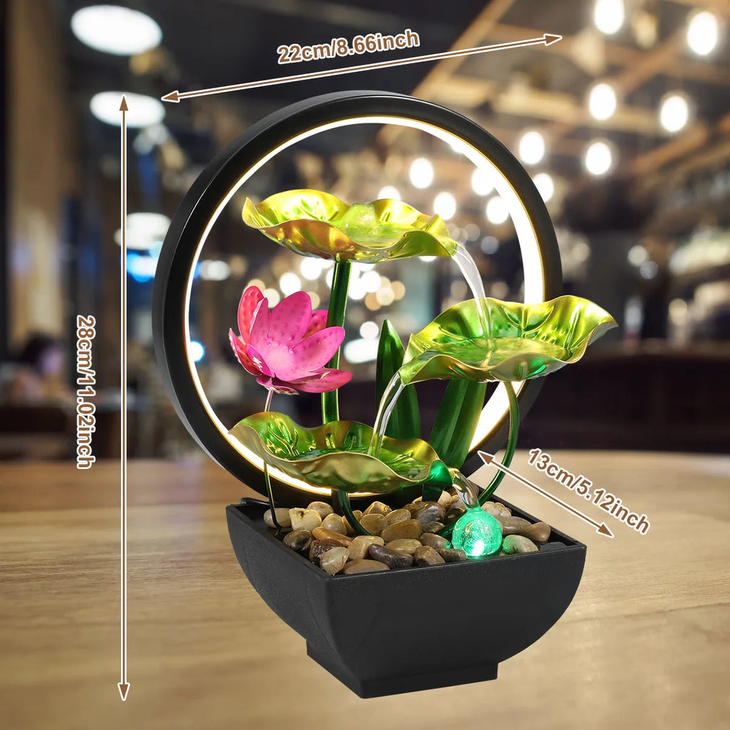 Tabletop Water Fountain USB Powered Relaxation Desktop Waterfall Fountain with Natural Rocks and LED Ring Lights for Home Decor