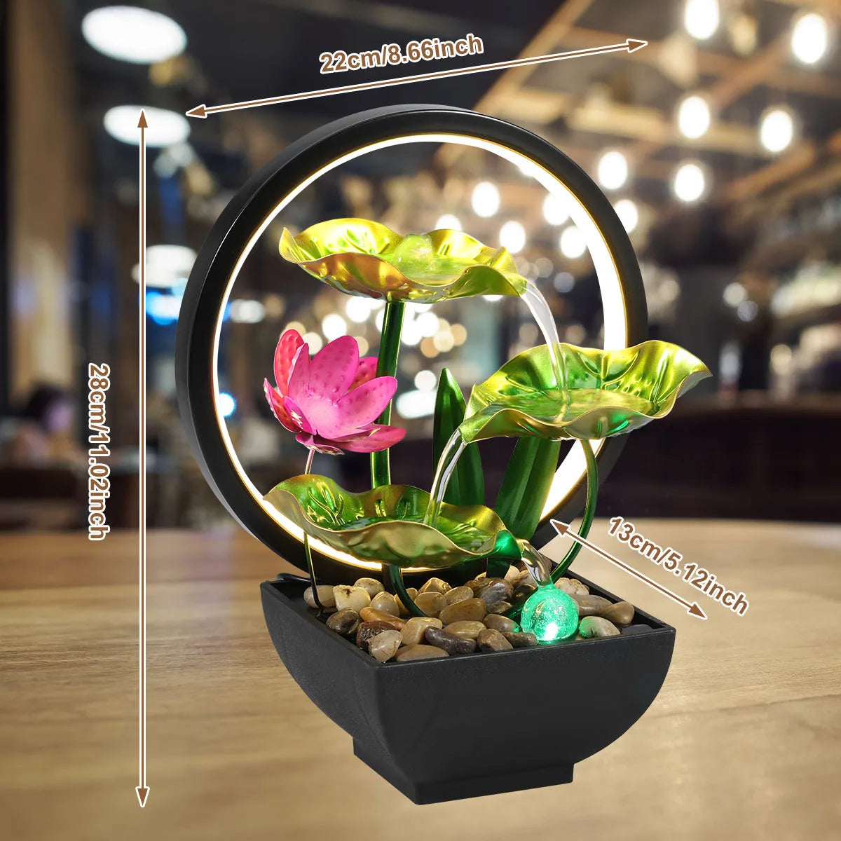 Tabletop Water Fountain USB Powered Relaxation Desktop Waterfall Fountain with Natural Rocks and LED Ring Lights for Home Decor