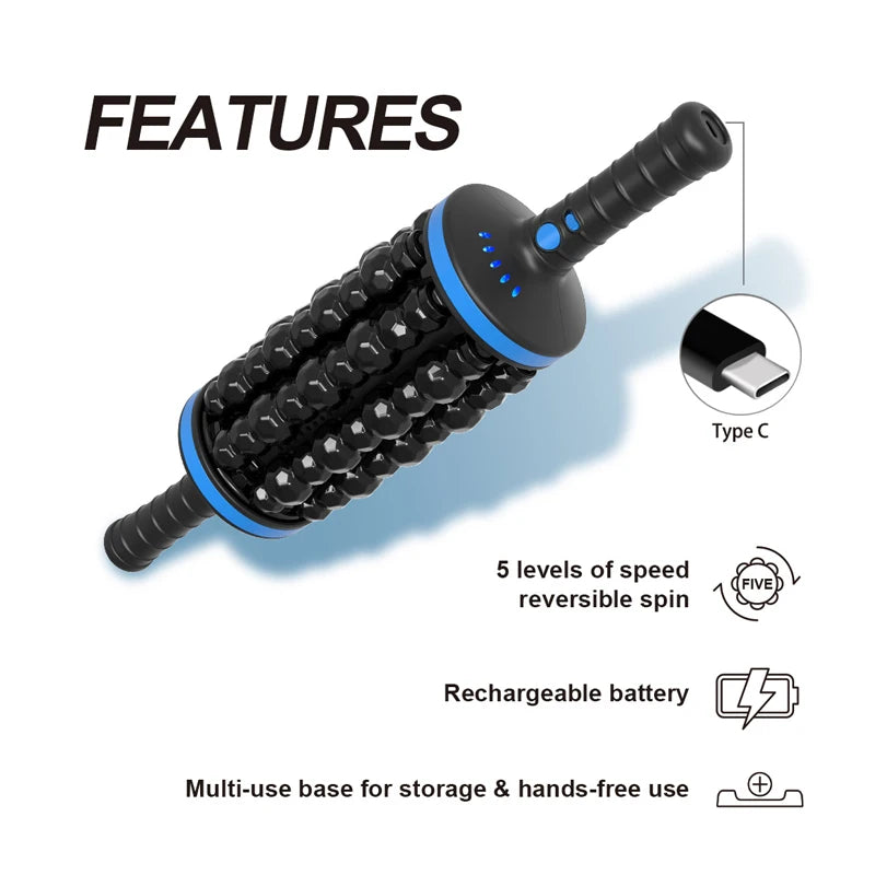 Rechargeable Cordless 360° Rolling Percussive Massager for Muscle Relaxation and Pain Relief in Back, Feet, and Legs