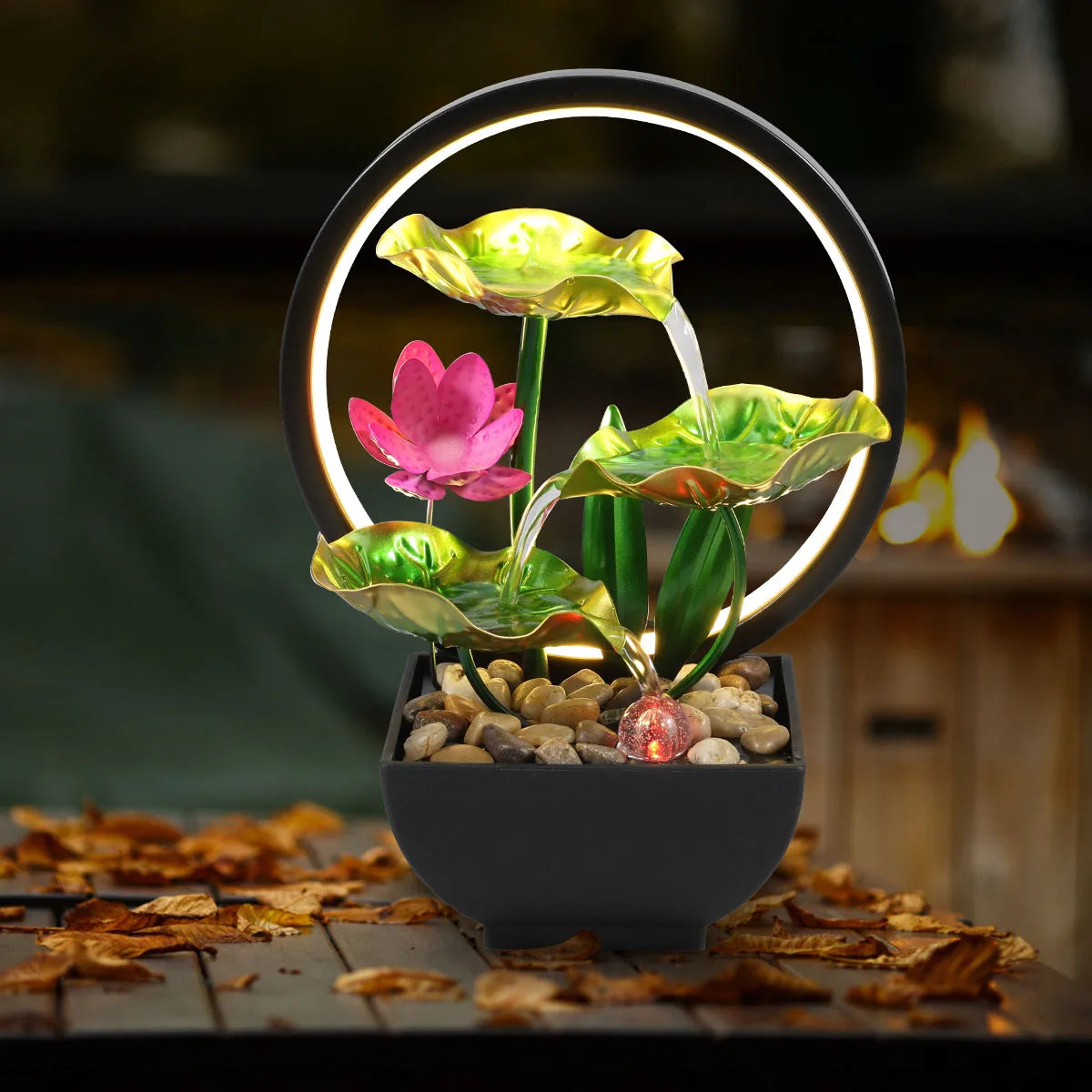 Tabletop Water Fountain USB Powered Relaxation Desktop Waterfall Fountain with Natural Rocks and LED Ring Lights for Home Decor