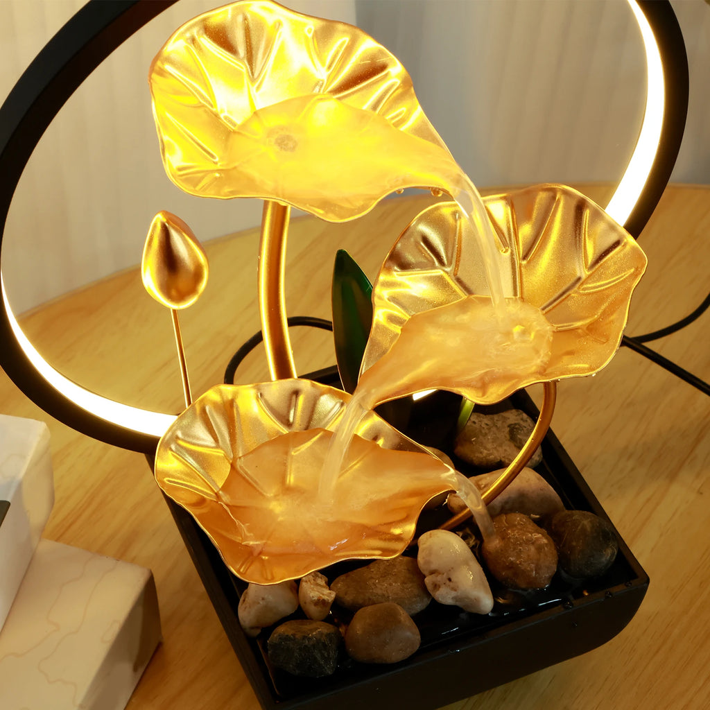 Tabletop Water Fountain USB Powered Relaxation Desktop Waterfall Fountain with Natural Rocks and LED Ring Lights for Home Decor