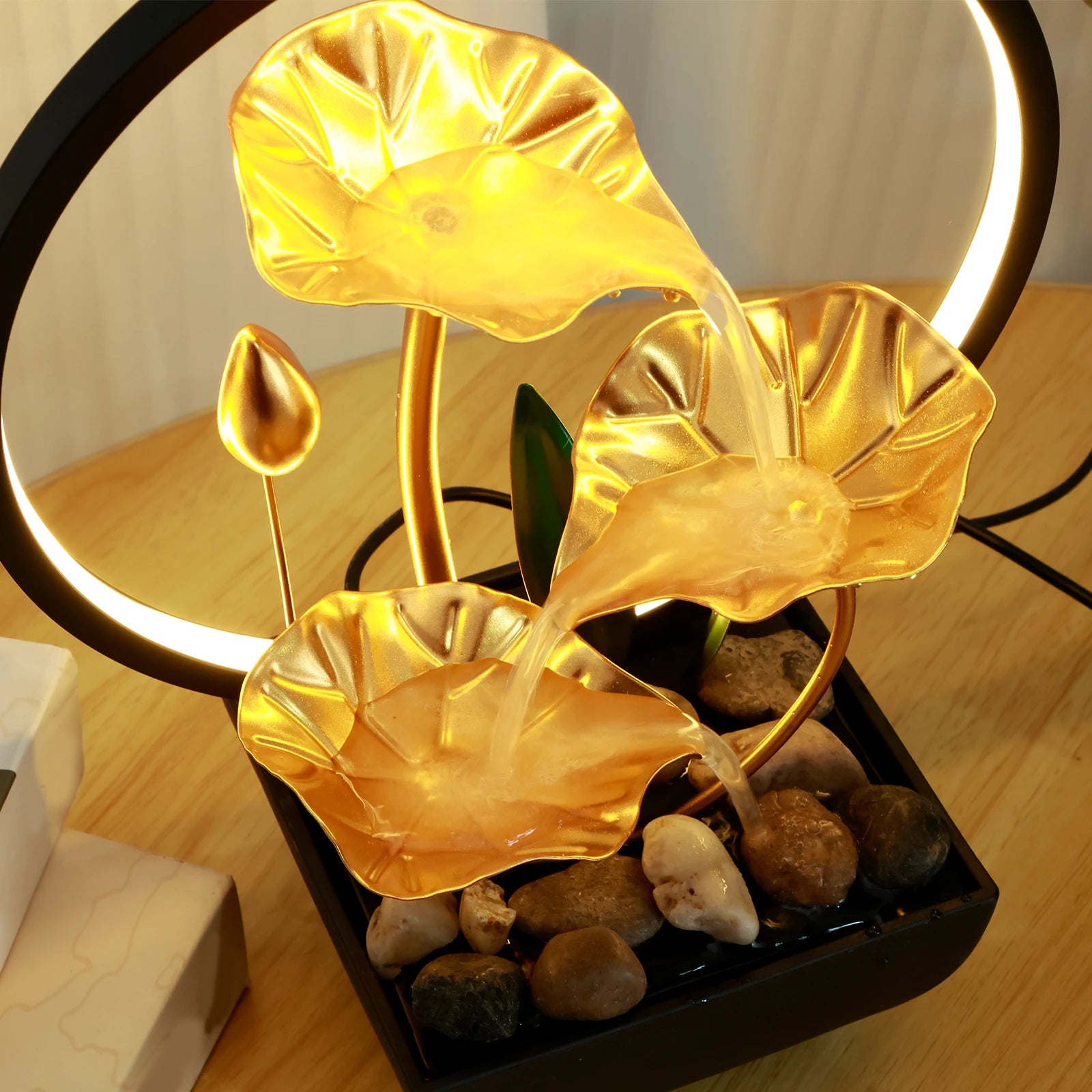 Tabletop Water Fountain USB Powered Relaxation Desktop Waterfall Fountain with Natural Rocks and LED Ring Lights for Home Decor