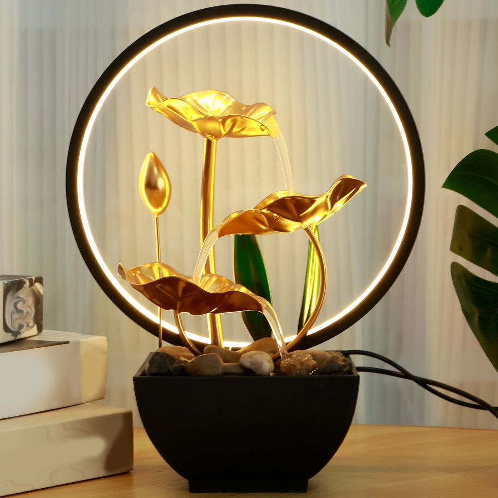 Tabletop Water Fountain USB Powered Relaxation Desktop Waterfall Fountain with Natural Rocks and LED Ring Lights for Home Decor