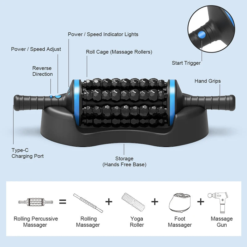 Rechargeable Cordless 360° Rolling Percussive Massager for Muscle Relaxation and Pain Relief in Back, Feet, and Legs
