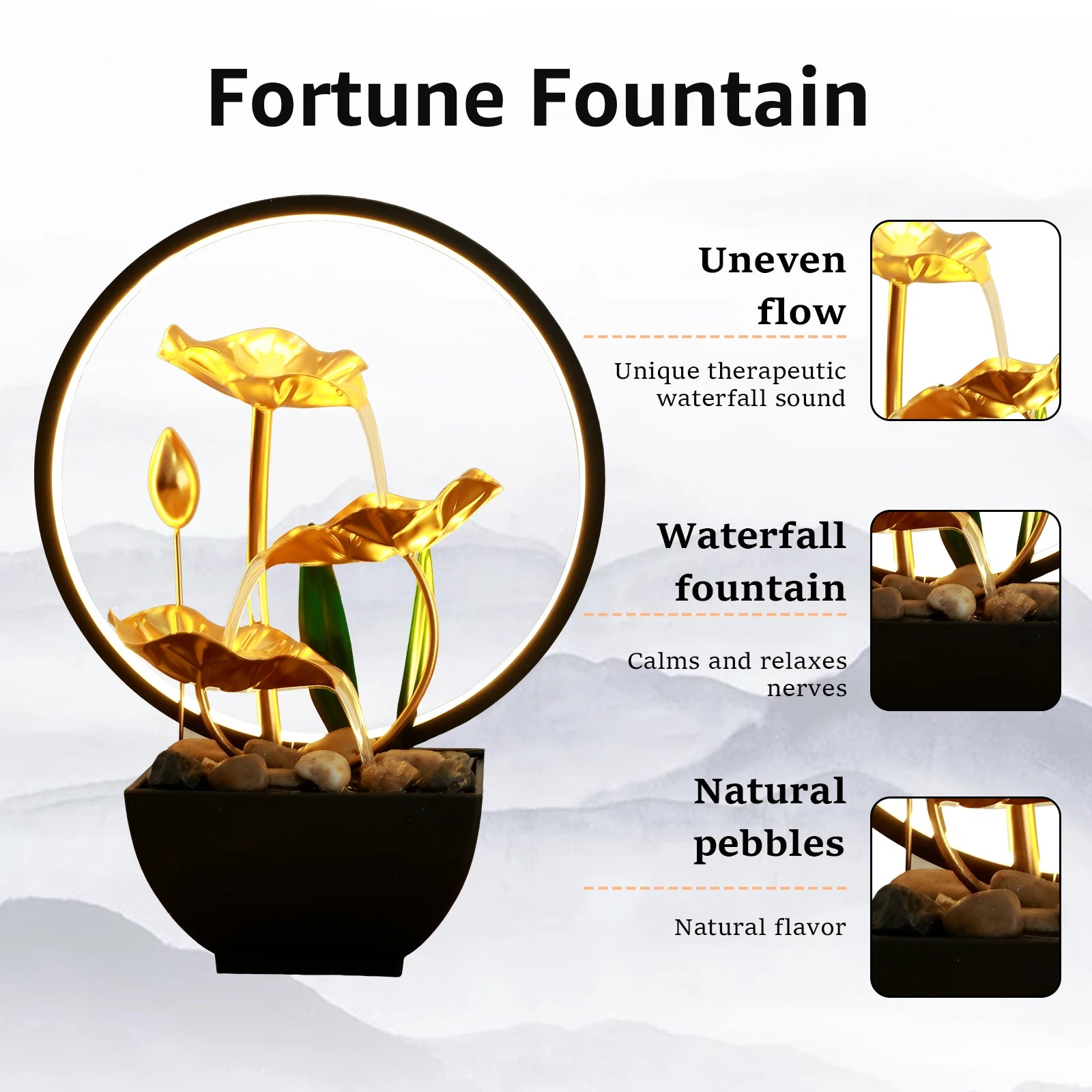 Tabletop Water Fountain USB Powered Relaxation Desktop Waterfall Fountain with Natural Rocks and LED Ring Lights for Home Decor